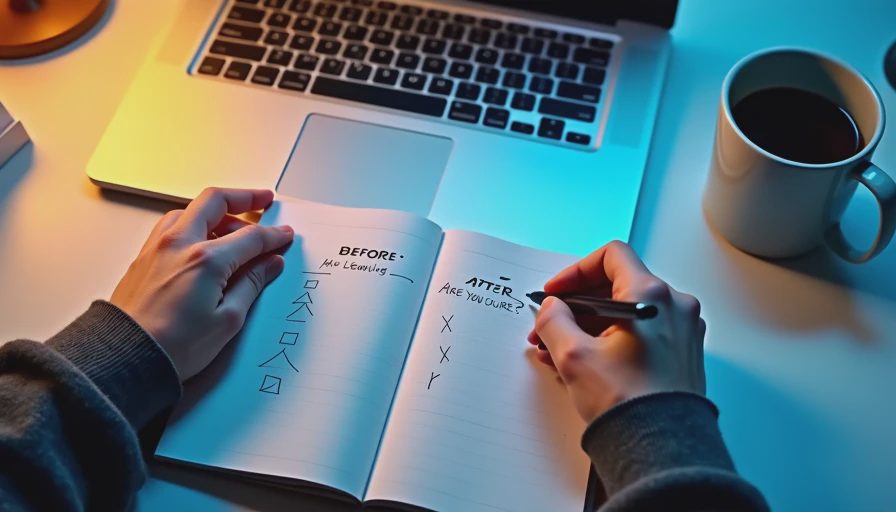 Hands writing a before-and-after comparison of AI answers in a notebook beside a laptop.

