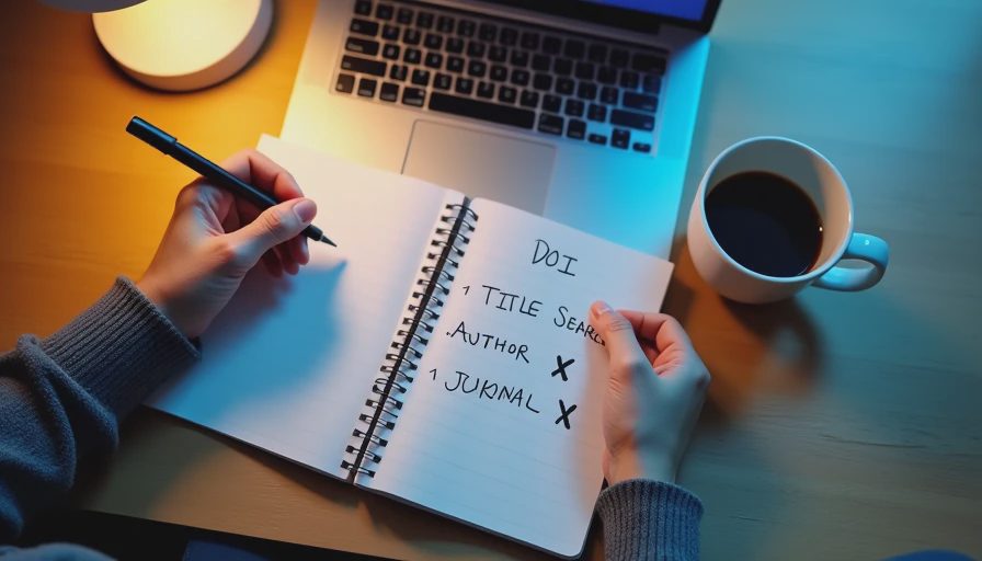 Hands writing a four-step citation-checking workflow in a notebook beside a laptop.

