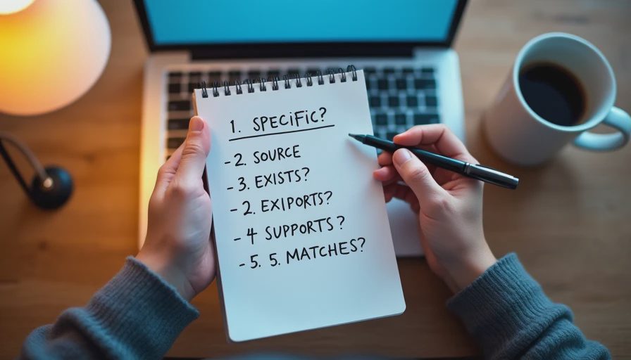 Hands writing a five-step AI answer audit checklist in a notebook beside a laptop.