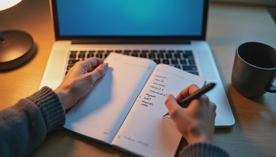 Hands writing a list of spreadsheet column names in a notebook beside a laptop.

