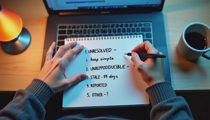 Hands writing a list of five label options for unreproducible AI cases in a notebook beside a laptop.