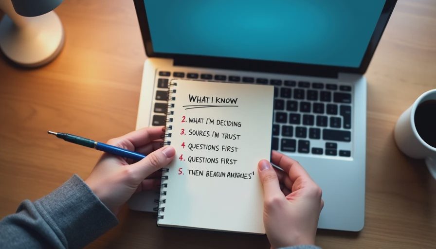 Hands writing a five-step pre-prompt verification checklist in a notebook beside a laptop.

