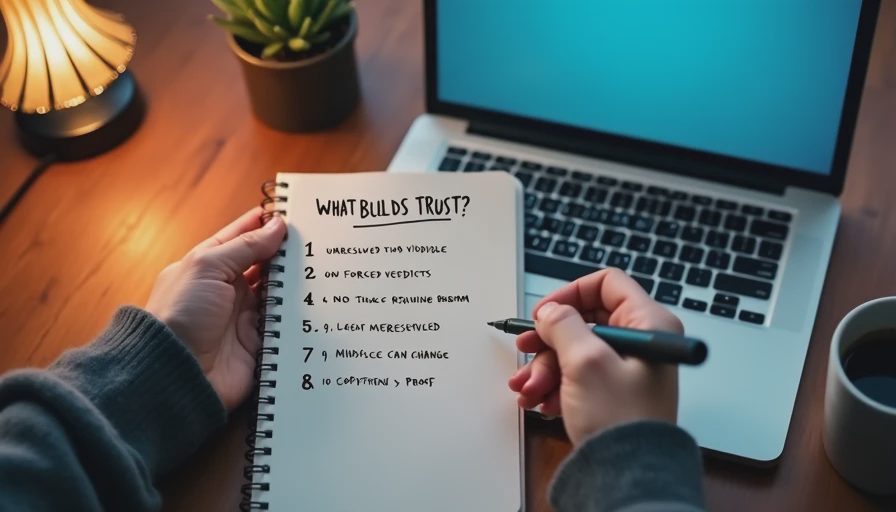 Hands writing a ten-item trust-building list for an AI verification community in a notebook beside a laptop.

