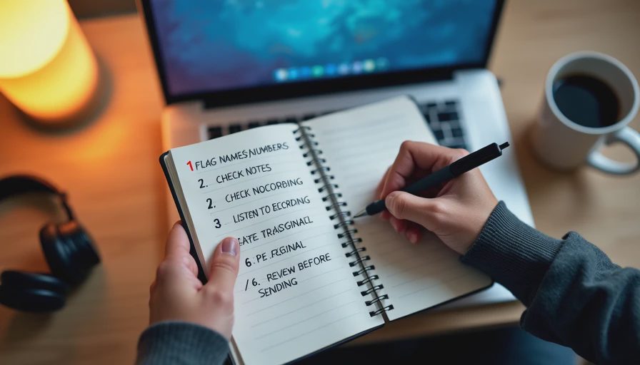 Hands writing a six-step transcript correction workflow in a notebook beside a laptop and headphones.

