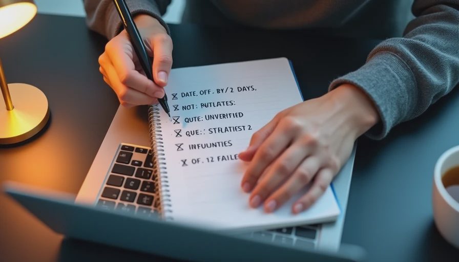 Hands writing an audit of three failed claims in a student essay in a notebook beside a laptop.

