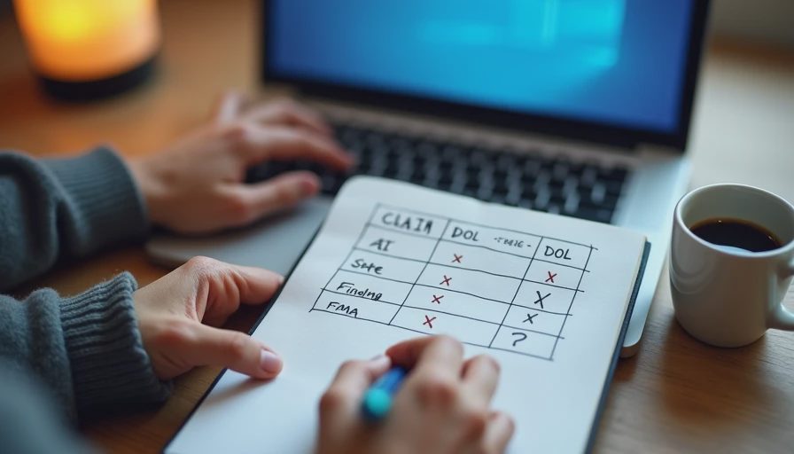 Hands writing a five-column evidence table with checkmarks, an X, and a question mark in a notebook beside a laptop.

