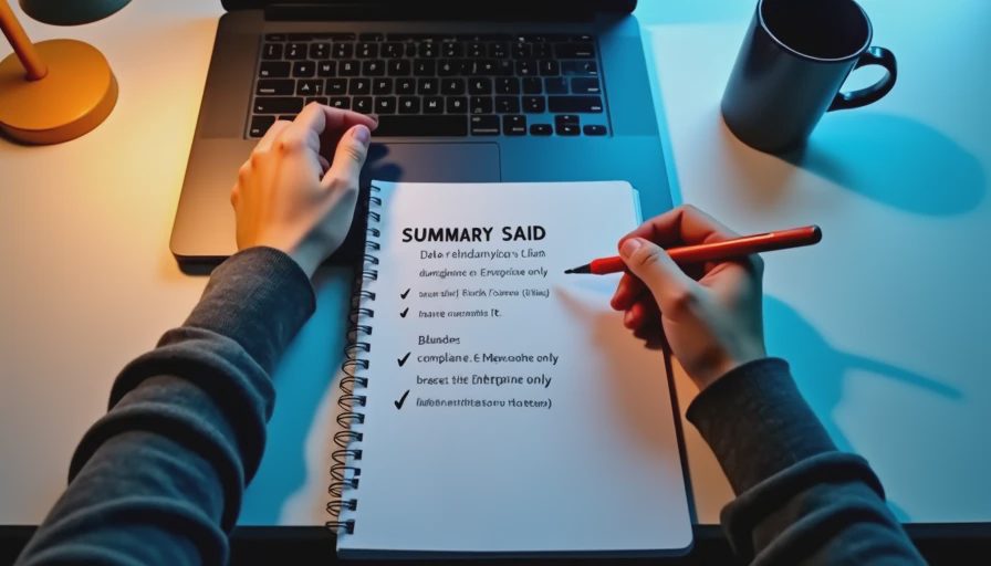 Hands writing a comparison of an AI summary versus the original source, highlighting three omitted caveats.

