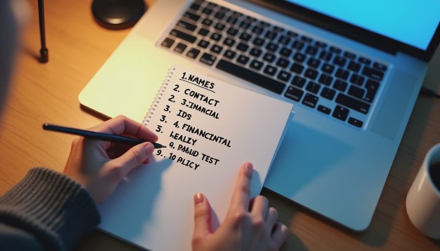 Hands writing a ten-item privacy redaction checklist in a notebook beside a laptop.

