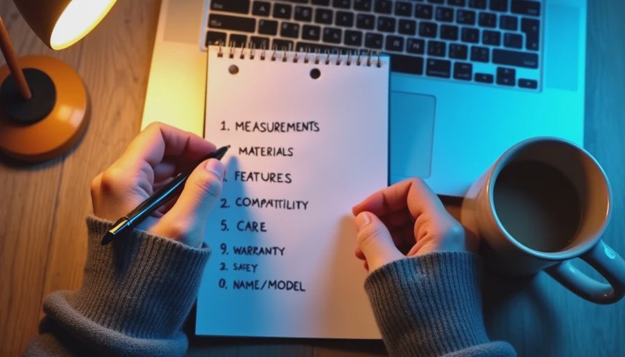 Hands writing a ten-item product description verification checklist in a notebook beside a laptop.

