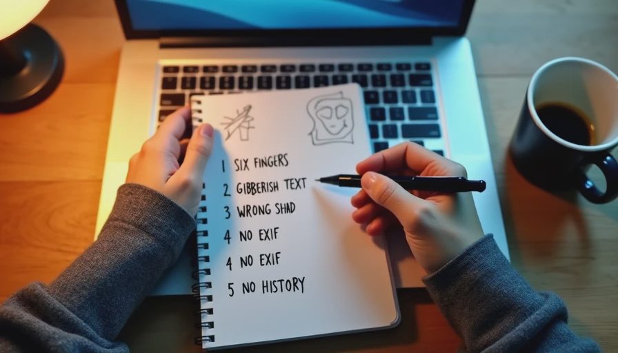 Hands writing a five-item image verification checklist with sketches in a notebook beside a laptop.