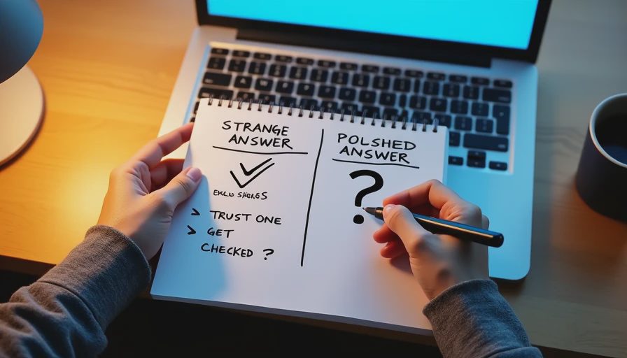 Hands writing a comparison between strange and polished AI answers in a notebook beside a laptop.

