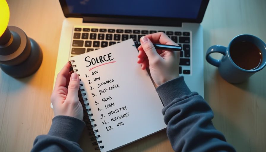Hands writing a list of 12 source categories with four gaps circled in red in a notebook beside a laptop.