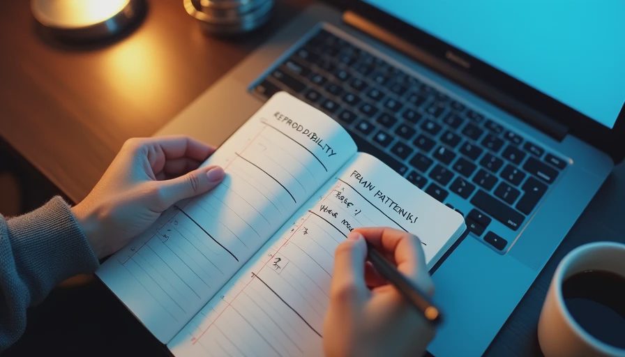 Hands writing a four-column comparison of prompt requirements in a notebook beside a laptop.